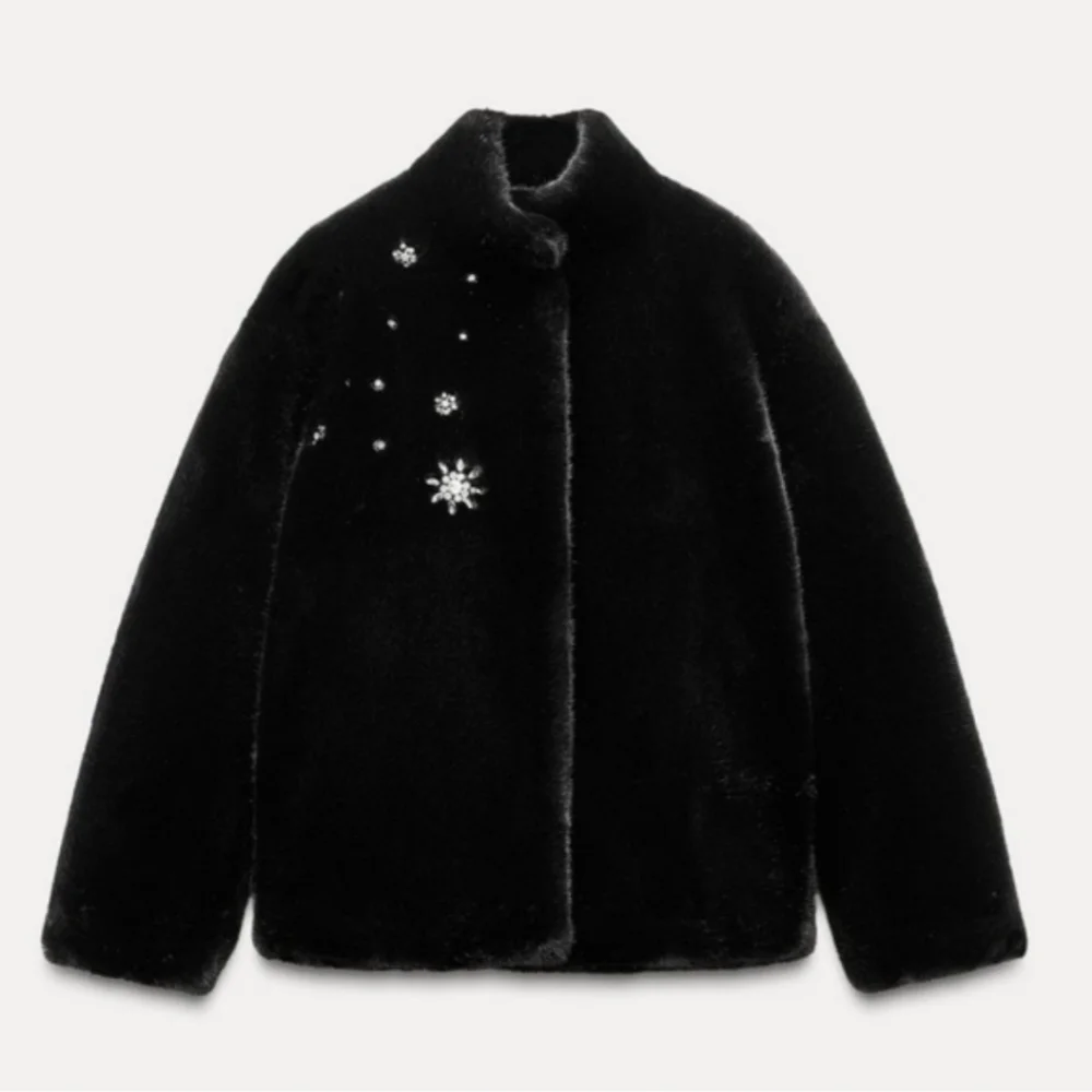 Zara Coat Jewel Faux Fur Black NWT - Picture 7 of 12